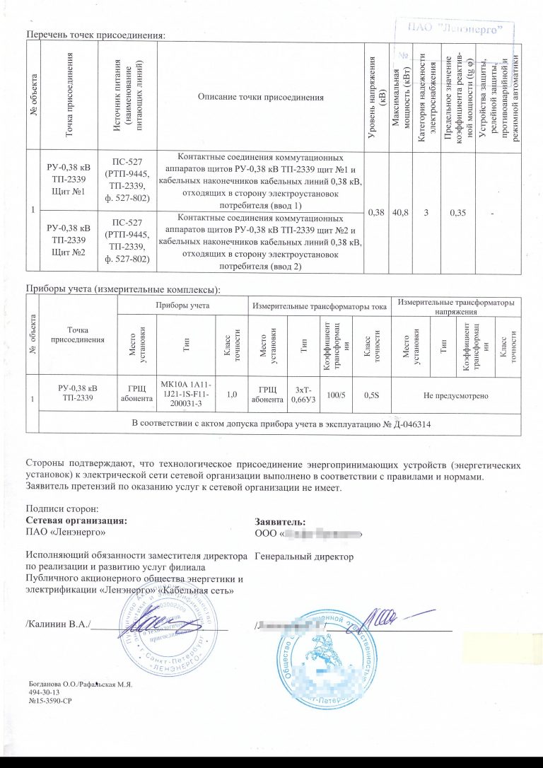 Образец акта о технологическом присоединении к электрическим сетям в снт